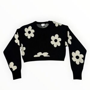 Le Lis Collection Black White Floral Cropped Sweater XS IWT1436 Long Sleeve Crew